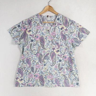 Denice Scrub Top Womens L/XL Multicolor Floral Paisley Print Short Sleeve V Neck - Image 1 of 4