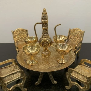 Brass Dining Set Dollhouse Miniature Furniture Ornate Table Chairs Goblets 10pc - Picture 1 of 20