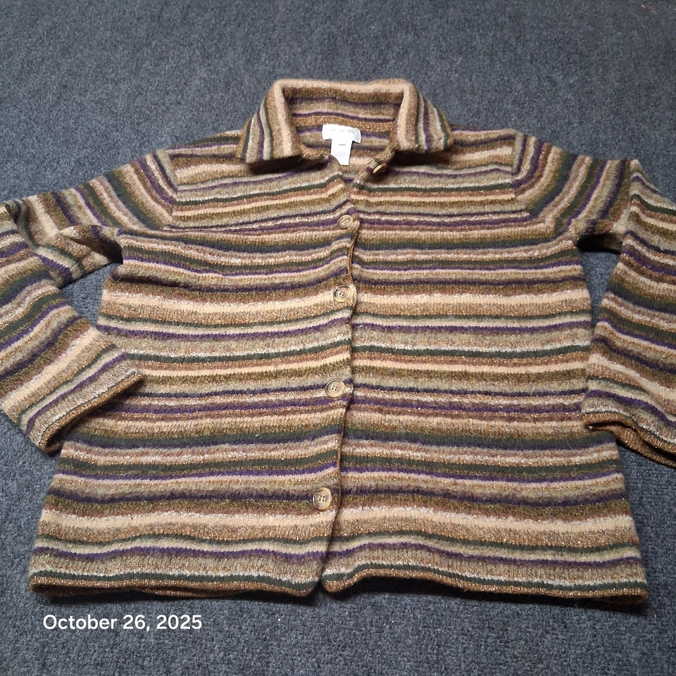 Jones New Your Sport Wool Striped Cardigan Sweater Womens Size XL Brown - Image 1 of 4