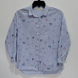 Zara Kids striped novelty print button-down shirt boy's sz 10 blue preppy school - Picture 1 of 6