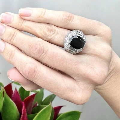 Gothic Deco Style Black Faceted Glass Pavé Cocktail Stainless Silver Ring Sz 6 - Image 1 of 4