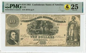 1861 $10 Confederate States of America T-30 CSA PMG VF25 GCC Gold - Picture 1 of 3