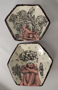 Kunstkeramik Mishima Schalen handbemalt Sechseck flippig glasiert signiert 2er Set - Bild 1 von 7