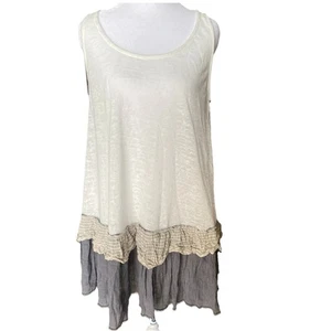 easel Women's Shift Dress Sz L Ivory Gray Sleeveless Ruffle Hem Boho Lagenlook - Picture 1 of 8
