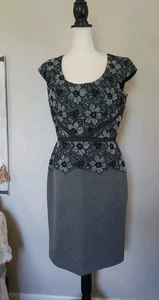 Abito tubino ANN TAYLOR taglia 6 nero grigio pizzo floreale ponte maglia cappuccio manica - Foto 1 di 15