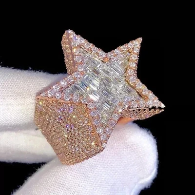 Мужское кольцо из настоящего муассанита багета огранки звезда мизинец покрытие розовым золотом 14 карат 2 карата - Изображение 1 из 4