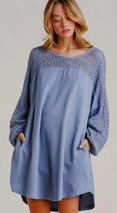 New UMGEE S M Dusty Blue Knit Crochet Accent Pockets Hi-Low Hem Dress OVERSIZED - Picture 1 of 5