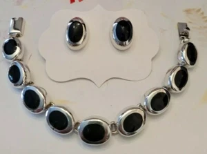 🌵Sterling Silver & Black Onyx Inlay Smooth Oval Chain Bracelet & Oval Earrings - Bild 1 von 9