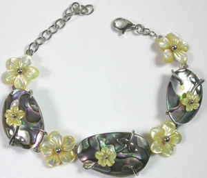 Bracelet with Abalone Yellow Mother of Pearl Flowers Sterling Silver Wedding - Picture 1 of 1