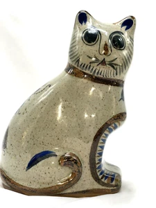 Tonala Mexico Art Pottery Cat Sculpture Bird & Flower Glazed Design 8" - Picture 1 of 10