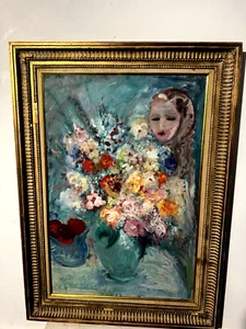 CHAGALL INSPIRED ALL ORIGINAL ART GIRL FLOWERS COLORS SGND FRMD - Picture 1 of 14