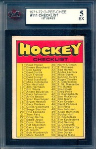 1971-72 O-PEE-CHEE Hockey #111 Unmarked Checklist (1-132) Card Graded KSA 5 EX 
