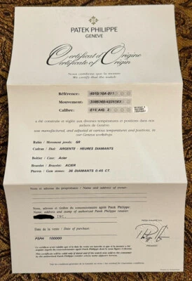 Patek Philippe Certificate Of Origin Twenty-4 Guarantee. Ref 4910/10A. Authentic - Image 1 of 4