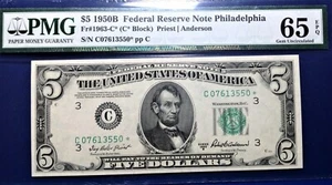 1950B $5 Federal Reserve Note Fr-1963-C* Philadelphia PMG65 Gem EPQ - Picture 1 of 4