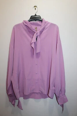 HUGO BOSS MUJER BISCARFA BLUSA CUELLO LAZADO 100% SEDA BOTÓN DELANTERO LAVNDR TALLA 8 EE. UU. Foto 1 de 4