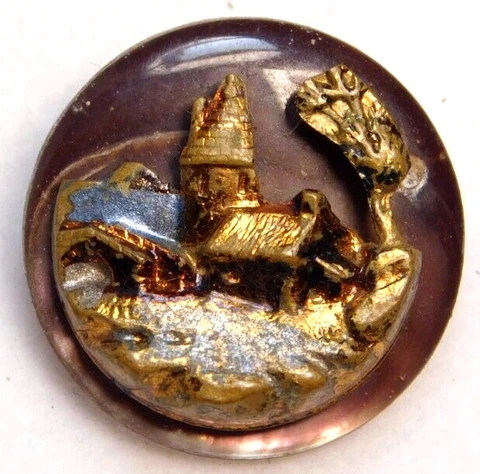 Antique Vtg Painted Brass Cottage Scene on Pearl Shell BUTTON NICE #J1 Cover