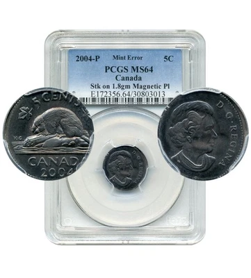 2004P Canada 5 Cents, MINT ERROR, Struck on 1.8g Magnetic Plan - PCGS MS64 - Image 1 of 4