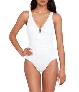 145 $ Lauren Ralph Lauren schulterfreier Badeanzug weiß 8 EJL0225 - Bild 1 von 3