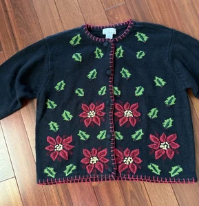 K.B. Collections Knit Sweater 3X Red Floral Poinsettia Cardigan Embroidered - Picture 1 of 5