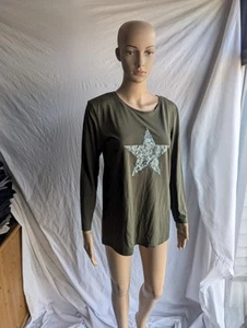 M&S Collection Womens T-Shirt Long Sleeve Khaki Star Graphic Print Size 8 - Picture 1 of 4