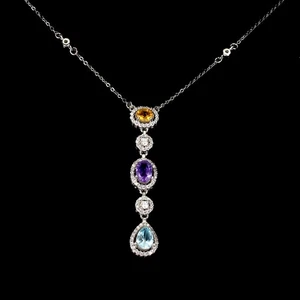 925 Sterling Silver Necklace Oval Amethyst Citrine Gemstone Jewelry 17 Inches - Picture 1 of 13