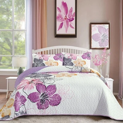 Juego de edredón de 3 piezas tamaño king patrón floral púrpura, colorido bedsprea floral... Foto 1 de 4