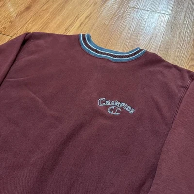 Sudadera Vintage Champion Tejido Inverso Años 90 Borgoña Rayas Spellout Talla XL Foto 1 de 4