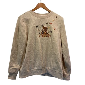Basic Editions Women's Sweatshirt Tan Size L Cat Leaves Fall Embroidered Cottage - Picture 1 of 9
