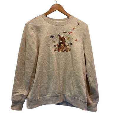 Basic Editions Women's Sweatshirt Tan Size L Cat Leaves Fall Embroidered Cottage - Image 1 of 4