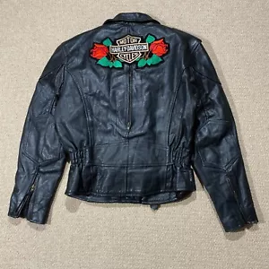 Harley Davidson Patch Leather Biker Jacket Womens Medium Heavy Hide Red Lining - Picture 1 of 15