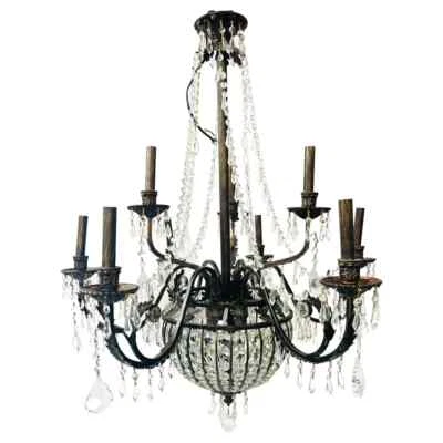 Candelabro estilo Império Regência Francesa cesta bronze e cristal, 9 braços 12 luzes - Imagem 1 de 4