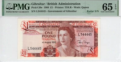 GIBRALTAR 1 POUND  1988 P#20e Queen Radar L 544445 PMG 65 EPQ - Image 1 of 4