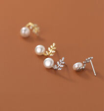 Zircon Leaves Pearl Stud Earrings 925 Sterling Silver Womens Girls Gift