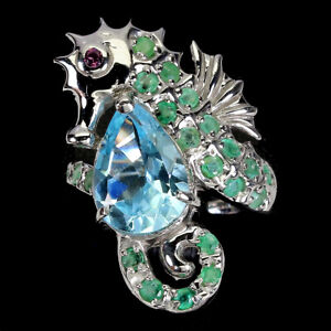 Pear Swiss Blue Topaz 14x10mm Emerald Gems 925 Sterling Silver Seahorse Ring 7.5