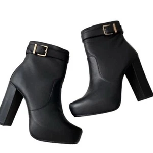 Express Black Genuine Leather ankle platform boots Gold buckleNWOB size 7 & 9.5 - Picture 1 of 10