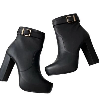 Express Negro Cuero Genuino Botines Plataforma Hebilla Dorada Nuevo Sin Caja Talla 7 y 9.5 Foto 1 de 4