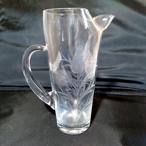 Clear Blown Elegant Glass Martini Pitcher Engraved Thistle Vintage - Picture 1 of 5