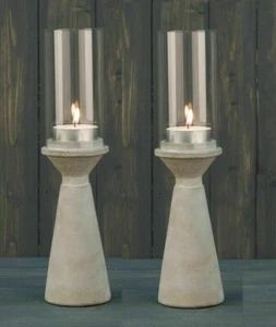 Set of 2 34cm Cement Concrete Tea Light Candle Holders Lantern with Glass Shade - Picture 1 of 1