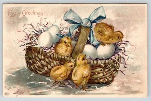 EAS Easter~Chicks Hop In & Out Egg Wicker Basket~Blue Ribbon~Embossed Germany - Picture 1 of 2