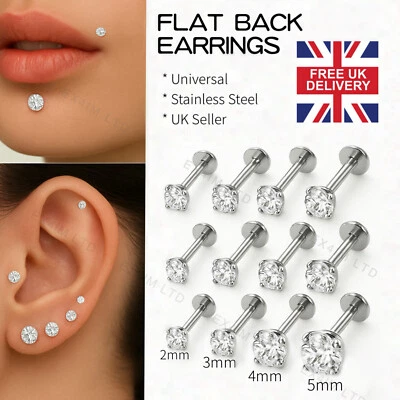 Labret Stud Earrings Flat Back Gem for Cartilage Tragus Helix Silver UK Piercing - Image 1 of 4