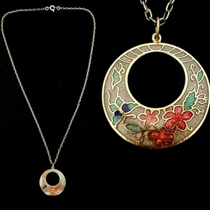 Vintage schöner Cloisonne Schmetterling Blume Emaille Anhänger Halskette Geschenkidee - Bild 1 von 5