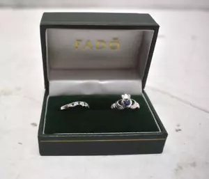 Fado Sterling Silver Claddagh Ring & Matching Band Blue Sapphire Wedding Sz 6 - Picture 1 of 5