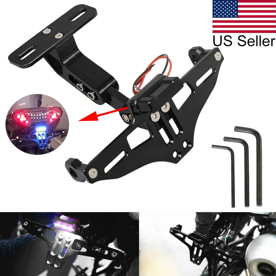 Черный металлический держатель номерного знака мотоцикла кронштейн со светодиодным задним фонарем комплект крыла - Изображение 1 из 4