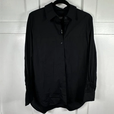 DKNY Black Collared Button Down Shirt Long Sleeve Ruched Cuffs Size S - Image 1 of 4