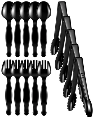 15 Pcs Disposable Black Plastic Serving Utensils, 5 Spoons, 5 Forks, and 5 Tongs - Image 1 of 4