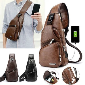 Men's PU Leather Sling Bag Casual Crossbody Shoulder Backpack Vintage Chest Pack - Picture 1 of 14