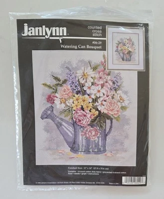 Vintage Janlynn Watering Can Bouquet Counted Cross Stitch 11"x14" - Image 1 of 3