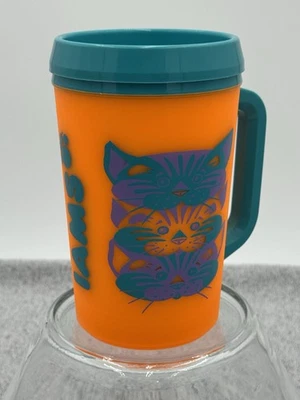 Taza de viaje clásica IAMS de colección de los años 90 aislada 20 oz Aladdin Cats naranja verde azulado Foto 1 de 4