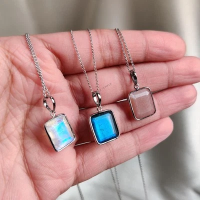 Pingente de pedra da lua arco-íris natural 5,55 ct ouro branco 14K joia minimalista presente - Imagem 1 de 4