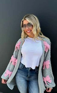 Cardigan in maglia con fiocco - Grigio con nastri rosa - Foto 1 di 2